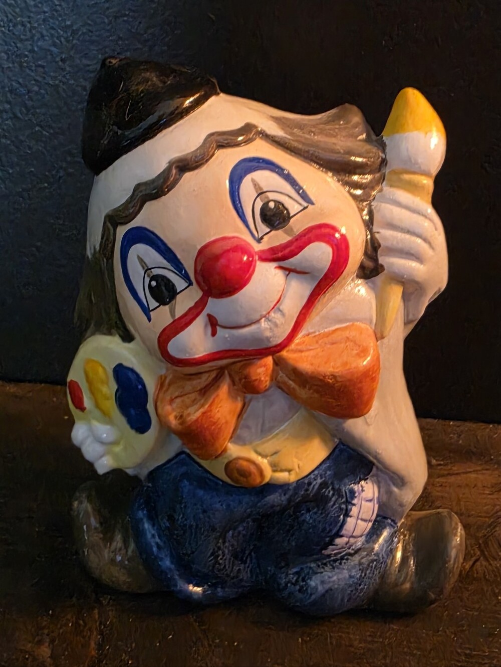 Vtg Enesco Clown Ceramic Coin Bank Artist Painter Paint Palette 6" Piggy Bank